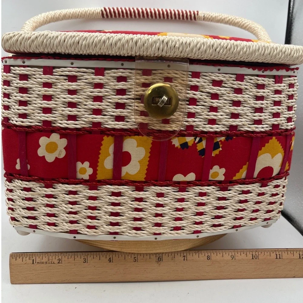 Vtg 70s Wicker Sewing Basket Retro Red Yellow Floral Mid Century Flower Power
